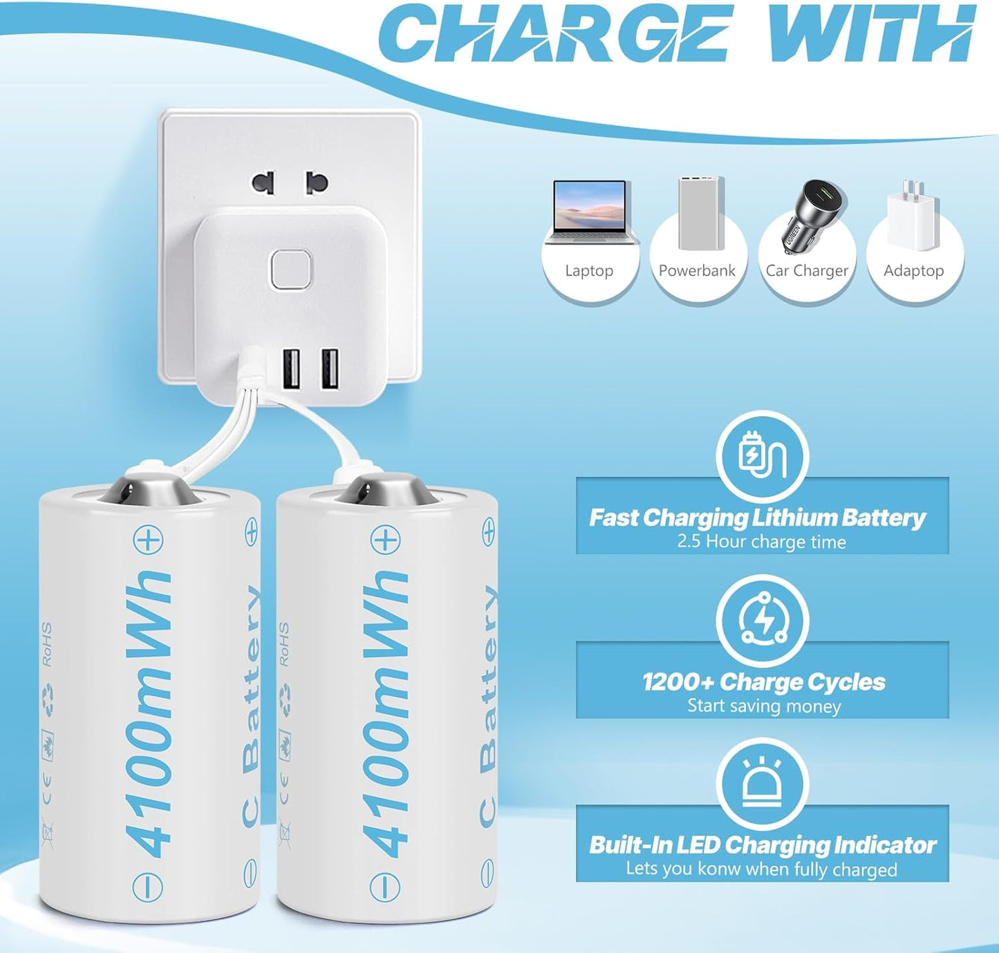 Rechargeable Lithium C Battery 8 Pack, Batteries c Size，Long Lasting1.5V C Batteries Rechargeable with 4 in 1 USB-C Charge Cable for Television Remote, Flashlights