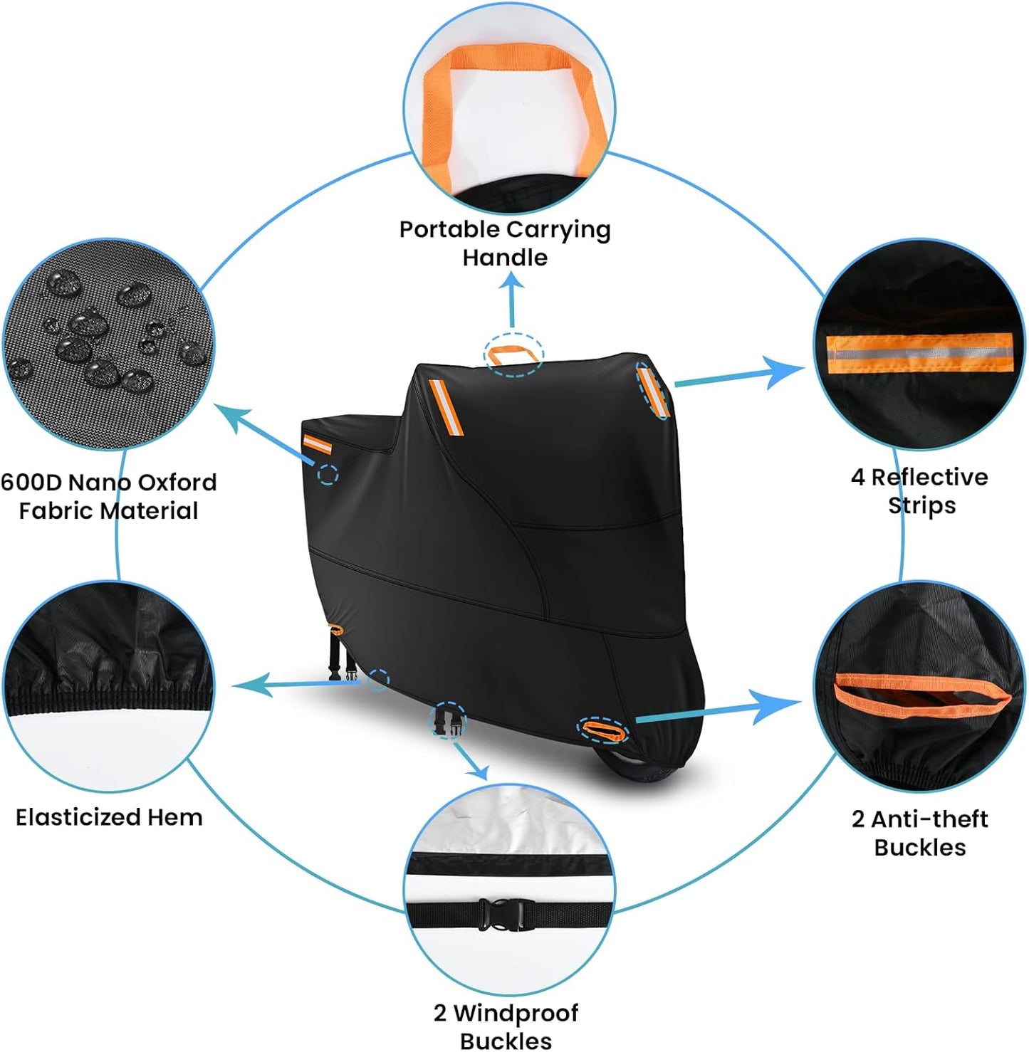 Motorcycle Covers Waterproof Outdoor Storage, Heavy Duty Motorbike Scooter Cover All Weather Protection with 4 Reflective Strips, 2 Lock-Holes, 2 Windproof Buckles (3XL: 95 x 37 x 49 inch)