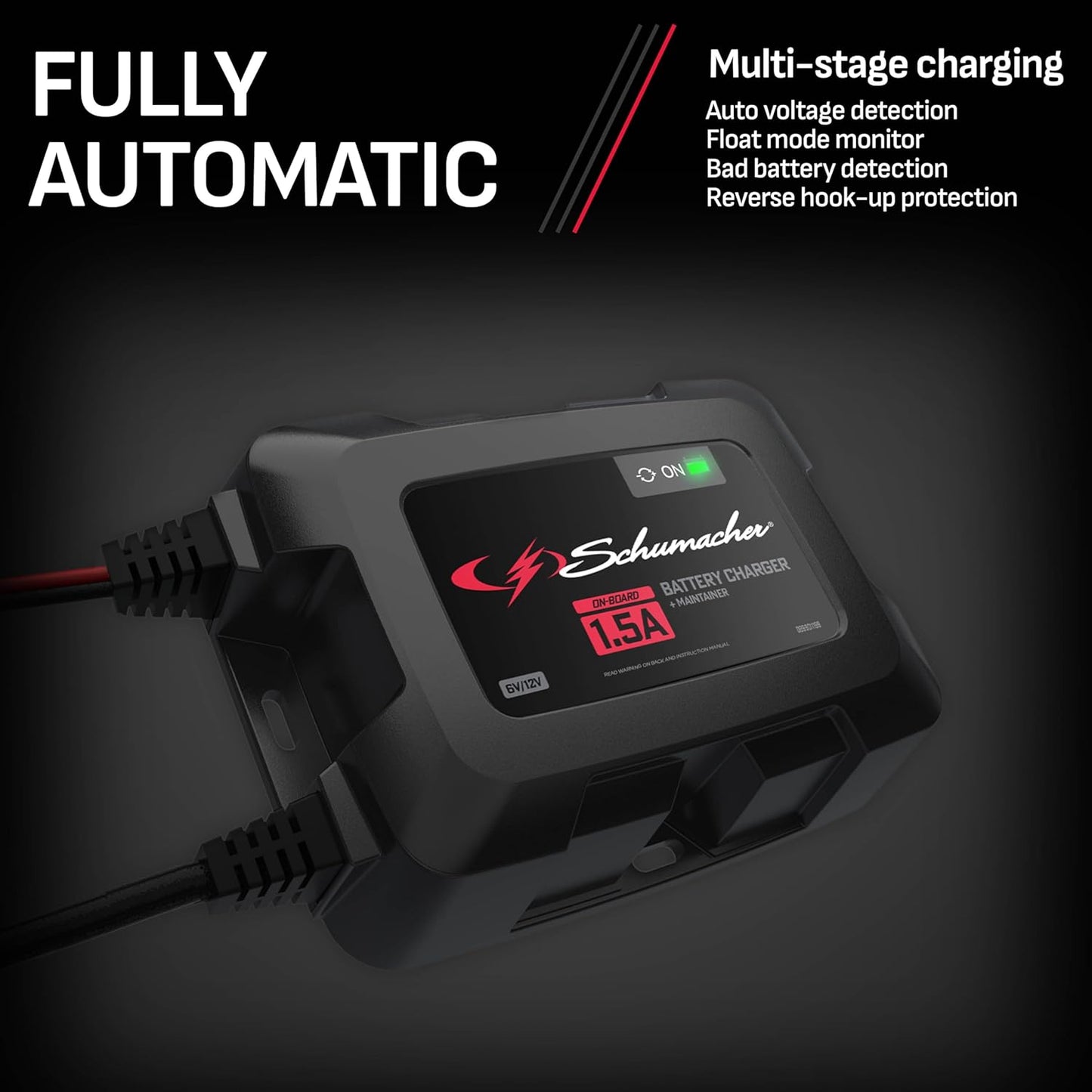 Schumacher Electric On-Board Battery Charger and Maintainer, 3-in-1, SC1587, 1.5 Amps, 6 Volt, 12 Volt, Fully Automatic, Mounts Under Hood, for Car, Truck, and Large Vehicle Batteries