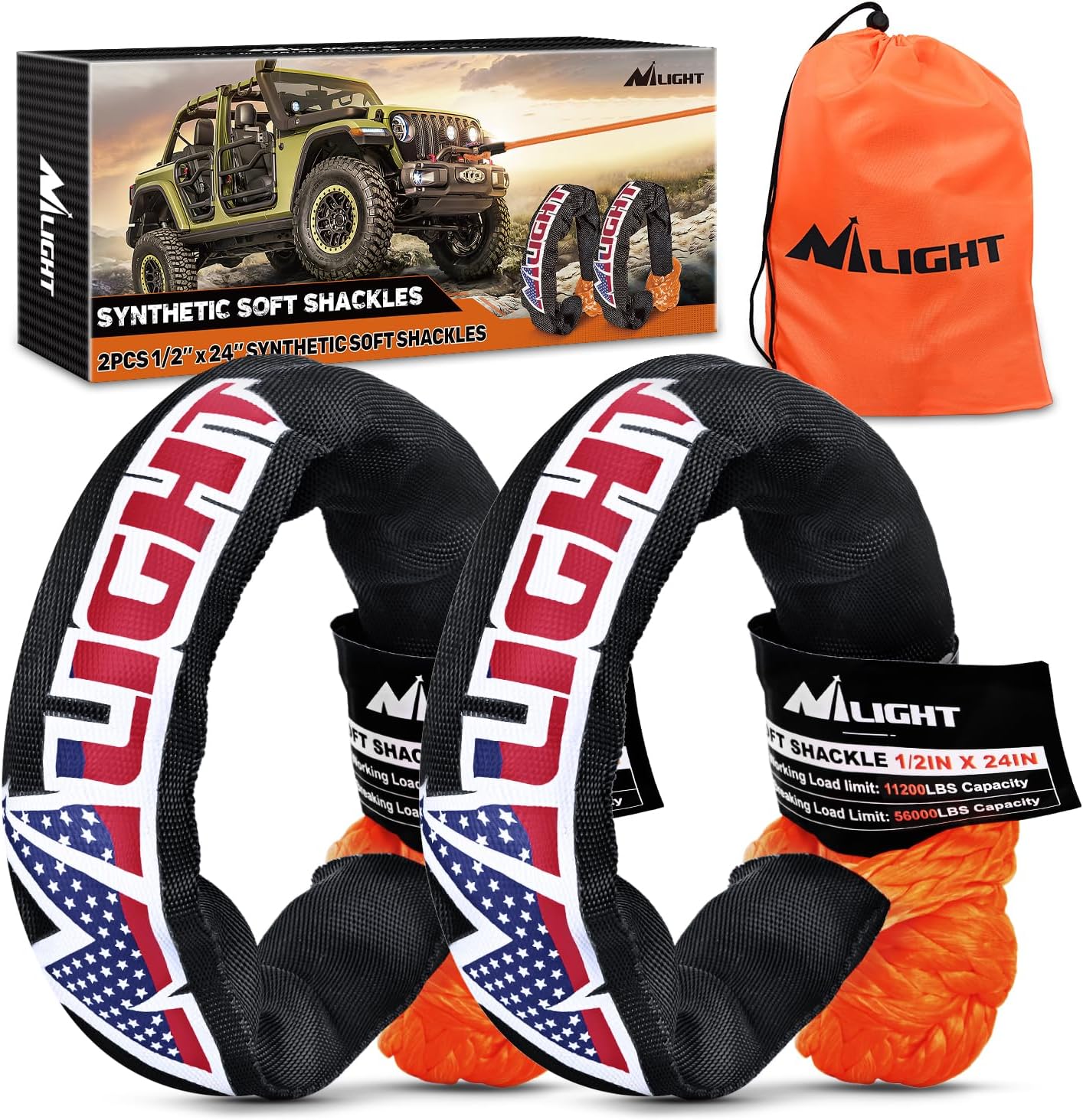 Nilight Synthetic Soft Shackle (56,000 LBS Breaking Strength) 1/2 Inch x 24 Inch 2PCS with Extra Sleeves for Sailing SUV Off Road Towing UTV ATV Trucks 4x4, 2 Years Warranty