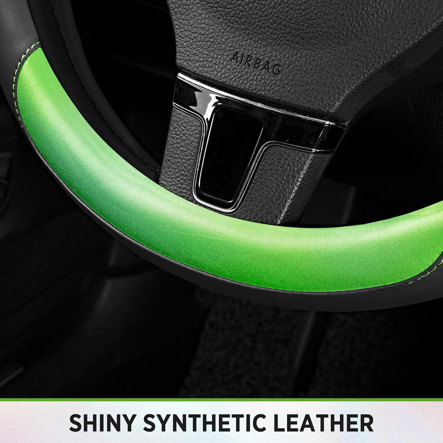 Road Comforts Steering Wheel Cover – Breathable Leather Steering Wheel Cover, Anti-Slip Grip, Universal Fit 14.5” to 15”, Heat & Cold Resistant for Cars, SUVs, and Trucks – Black & Green