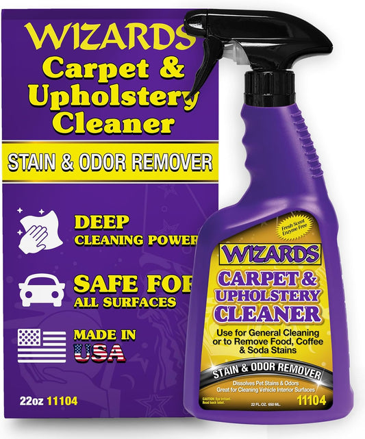 Wizards Carpet and Upholstery Cleaner - Fabric Cleaner Spray Solution for a Fresh & Clean Car - Pet Stain & Smell Remover and Natural Carpet Cleaner - Made in USA - 22 oz