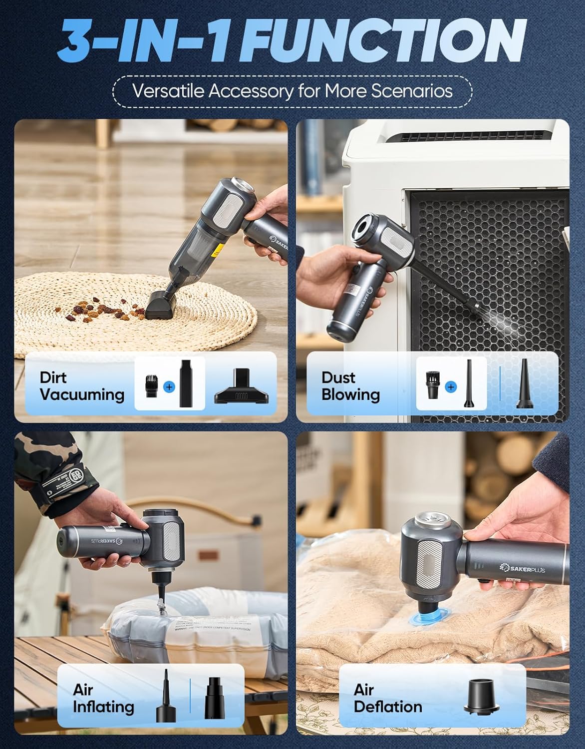 Mini Vacuum Cleaner, Cordless Car Vacuum, 17500PA High Suction, 3 in 1 Handheld Vacuum, Vacuuming, Blowing, Inflating, Deflation, Portable Vaccum with HEPA Filter for Cars,Desktop,Home SW106