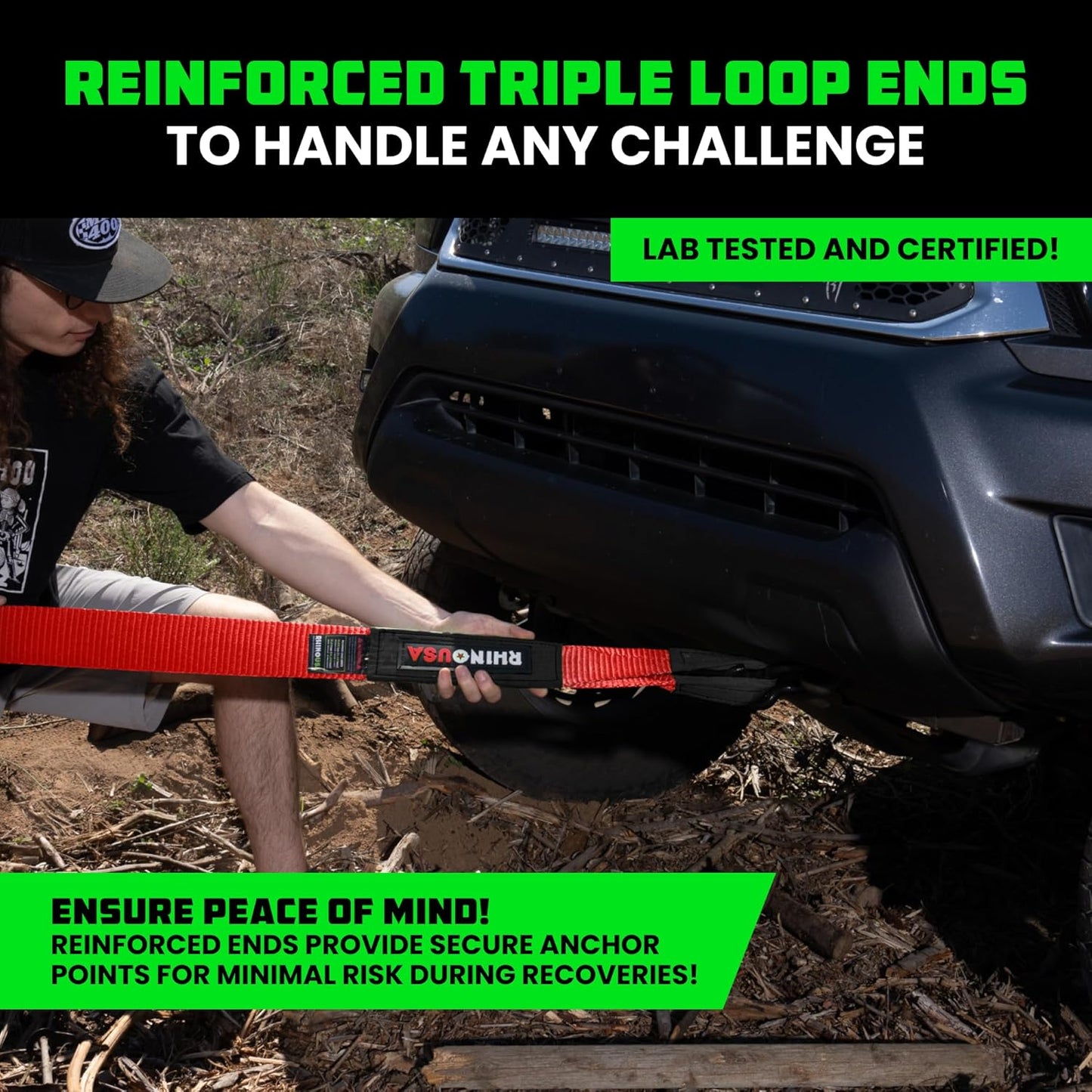 Rhino USA Recovery Tow Strap (3"x30') - 31,518lb Break Strength - Emergency Recovery Strap Tow Rope for Truck, UTV, ATV & More - Heavy Duty Towing Strap for Offroad 4x4 Use- Compatible with Jeep (Red)