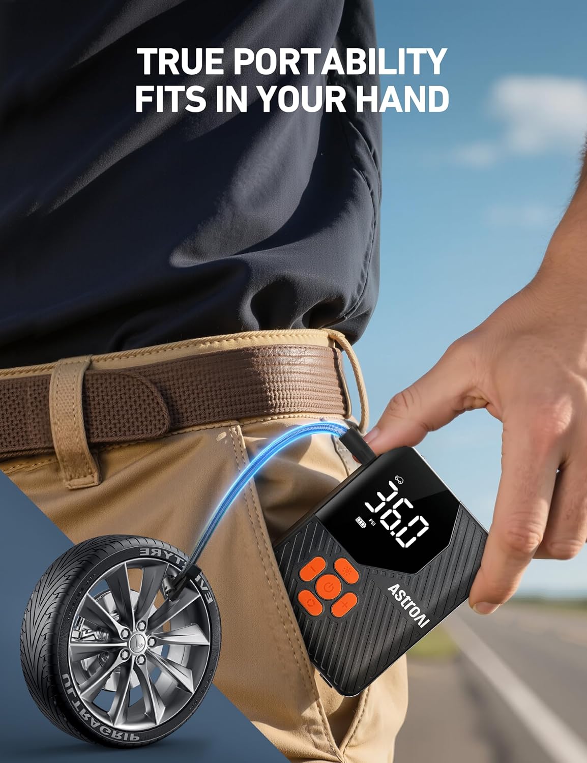 AstroAI L7 Mini Tire Inflator Portable Air Compressor,150 PSI Cordless Car Tires Air Pump with LED Lights&Pressure Gauge,Auto Shut-Off - Tire Pump for Auto,Motorcycle, Bicycle, Ball Orange