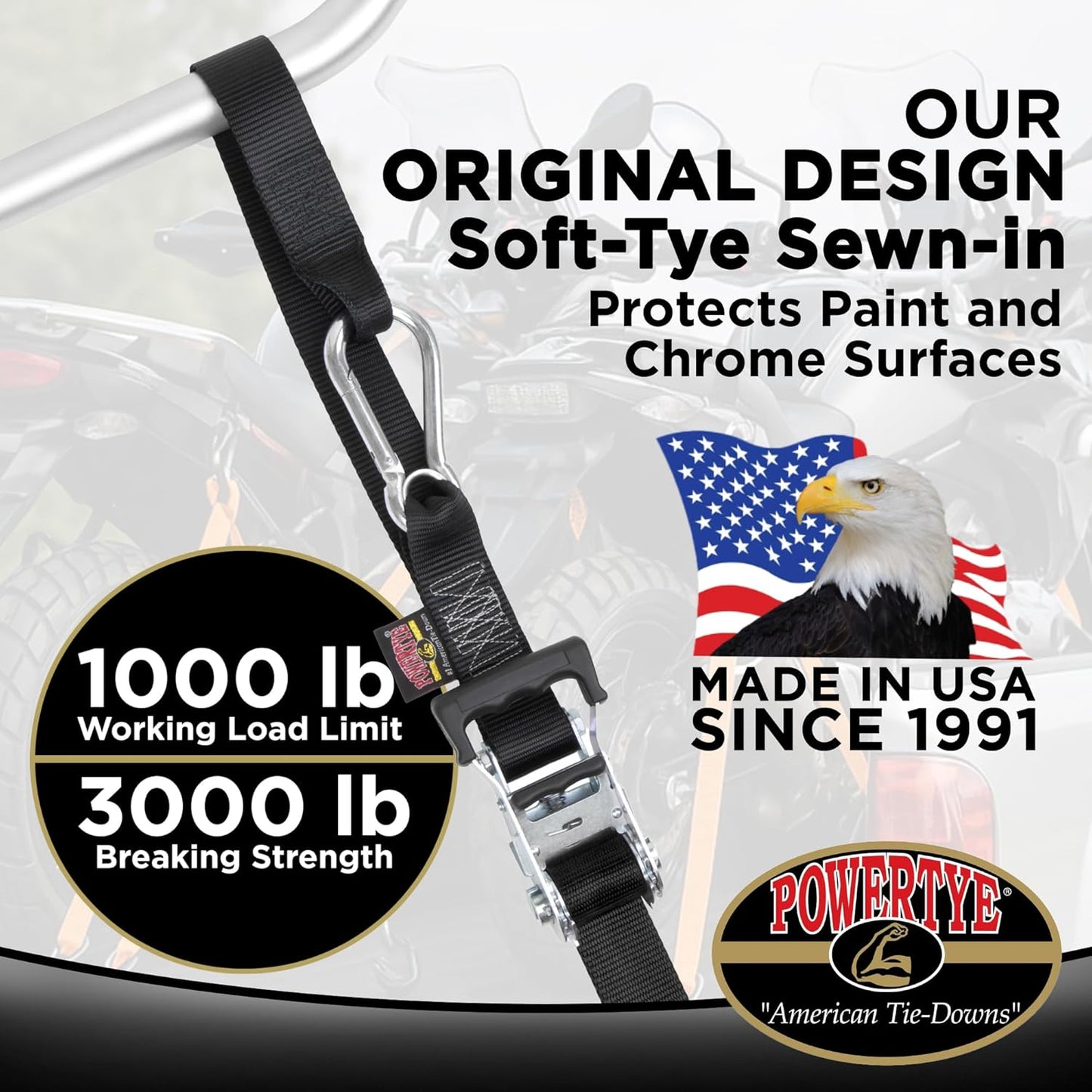 PowerTye - Made in USA - Heavy Duty Ratchet Tie Down Straps with Carabiner Hooks & Sewn-in Soft-Tye, for Motorcycle, ATV, Trailer & Cargo, 1,000 lb WLL, 1.5 inch x 6.5ft Long, Silver/Black (Pair)