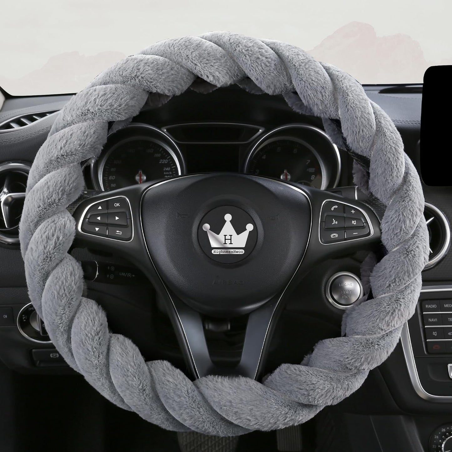 Luxury Fluffy Winter Car Steering Wheel Cover for Women Soft Warm Cute Auto Accessories for Jeep, Truck, Van, F150, Universal, Fuzzy, Anti Slip, Gray, Large Size, 15.2-16in