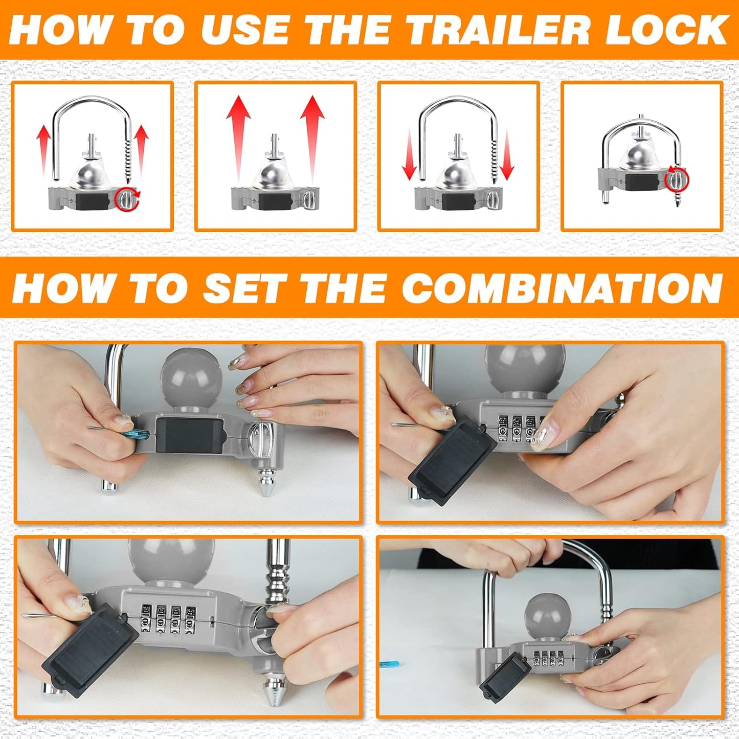 Funmit Trailer Lock Universal Hitch Lock with Combination Lock, fit 1-7/8", 2", 2-5/16" Coupler, Camper Accessories for Travel Trailers Boats Trucks Rvs Grey