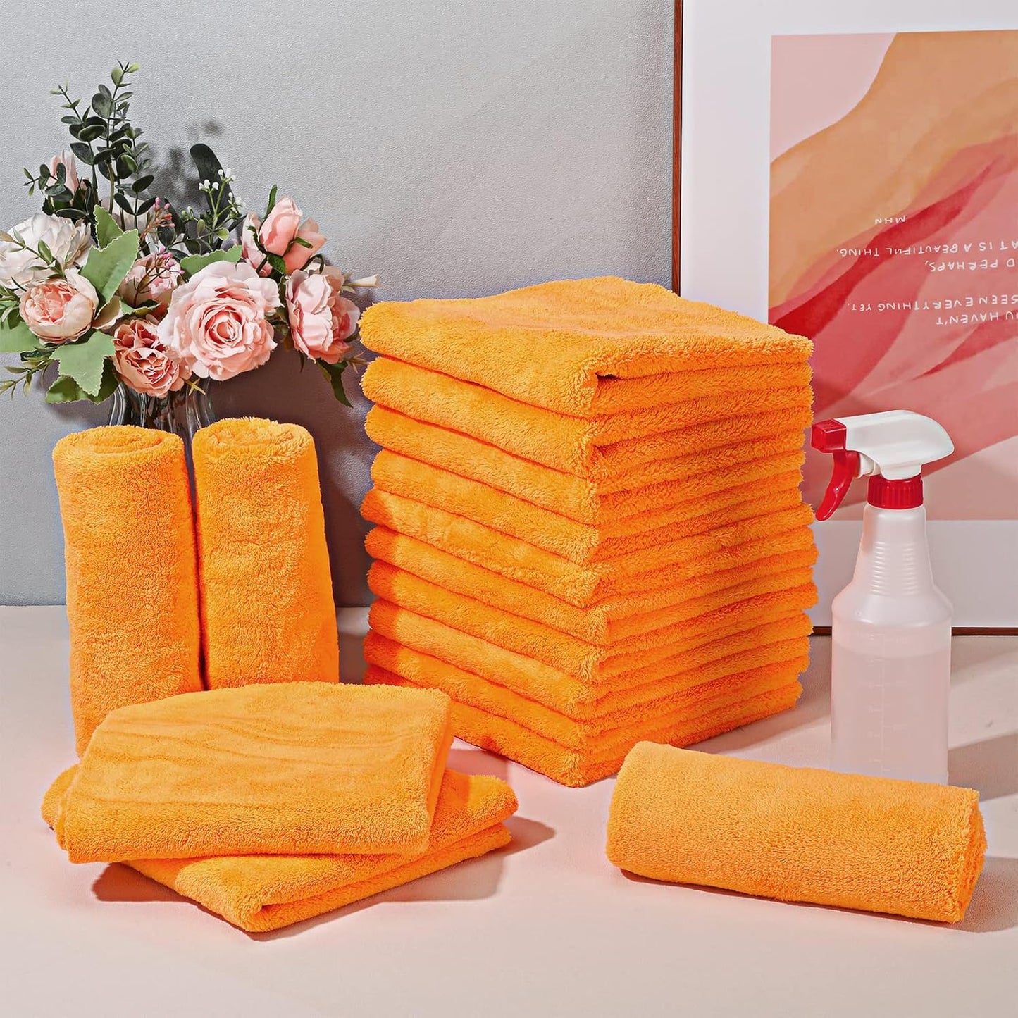 Shimeyao 30 Pcs Edgeless Microfiber Plush Towels for Cars Detailing Drying Wash Polishing Absorbent Cleaning Cloths, 500 GSM, 16 x 16 Inch(Orange)