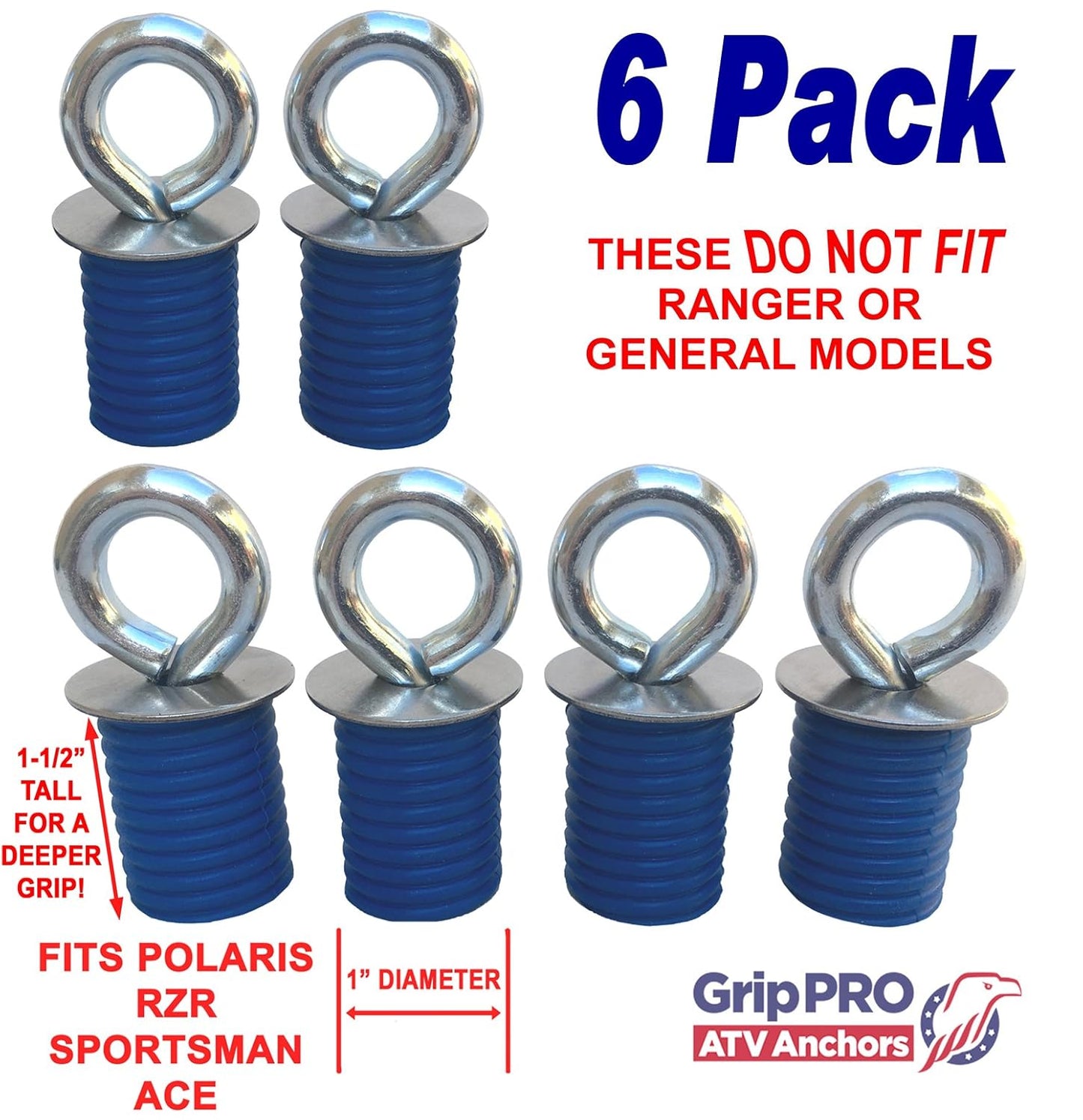 GripPRO ATV Anchors – 6 Pack Fits Polaris Lock & Ride Bed Holes on RZR & Sportsman with 1" Mounts – Secure Gear, Coolers, Tools – Compatible with 1000, 900, 850, 570 – Not for Ranger – US-Owned Brand