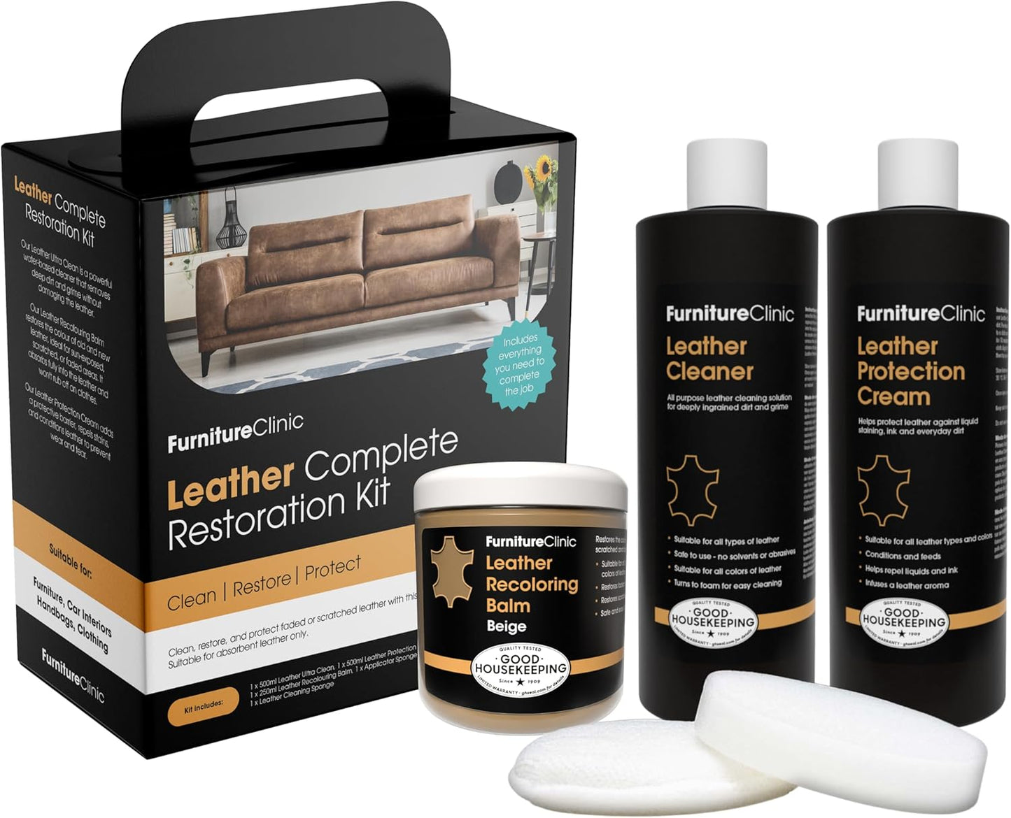 Furniture Clinic Leather Complete Restoration Kit | with Leather Recoloring Balm, Cleaner, 2-in-1 Protection Cream & Conditioner, Sponge, and Cloth | Repair Kit for Furniture (Beige)