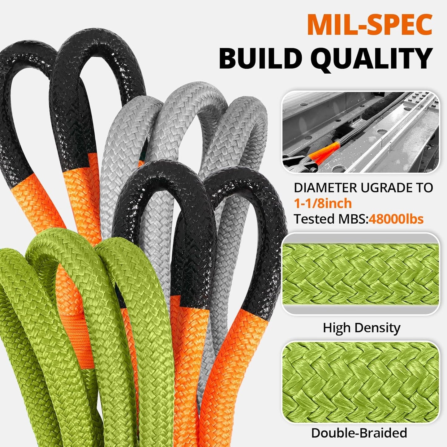 Kinetic Recovery Tow Rope 1-1/8" x20ft Offroad Snatch Strap 48000lbs Heavy Duty Towing Straps Kit for Trucks SUV UTV ATV Tractor Car Jeep - ArmyGreen