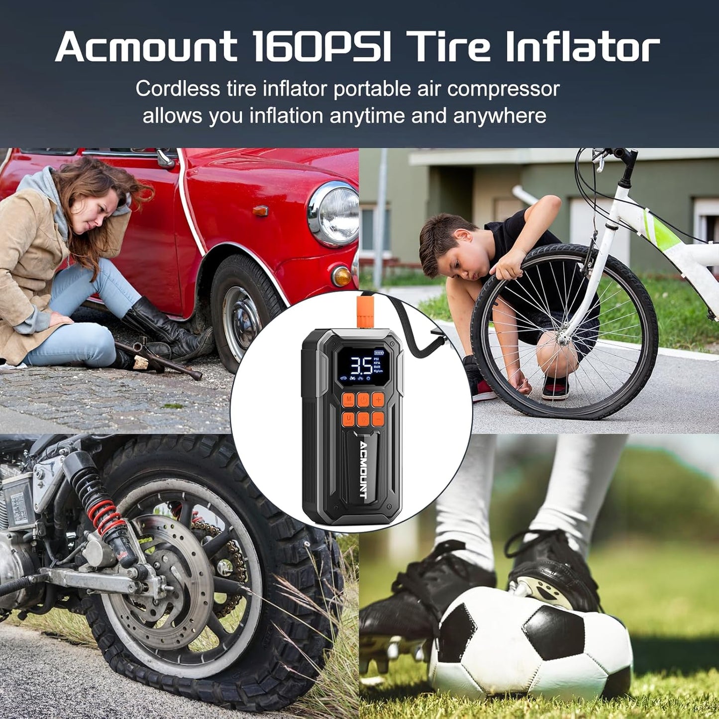 Tire Inflator Portable Air Compressor, 160PSI 10000mAH, 3X Faster Cordless Air Pump with Digital Gauge for Car, Bike, Motorcycle, Ball With Auto Shut-Off & 3 LED Light