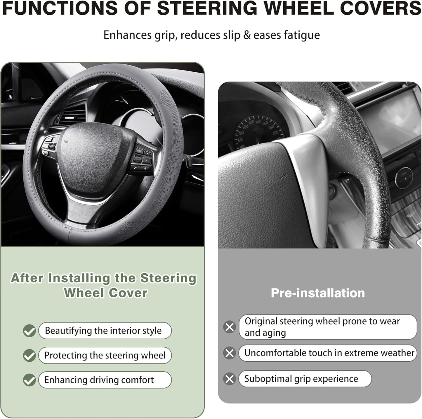 【2025 Model】 Breathable Soft Leather Car Steering Wheel Cover for Men Women, Non-Slip, Comfortable,Universal 15 inches Steering Wheels, Grey