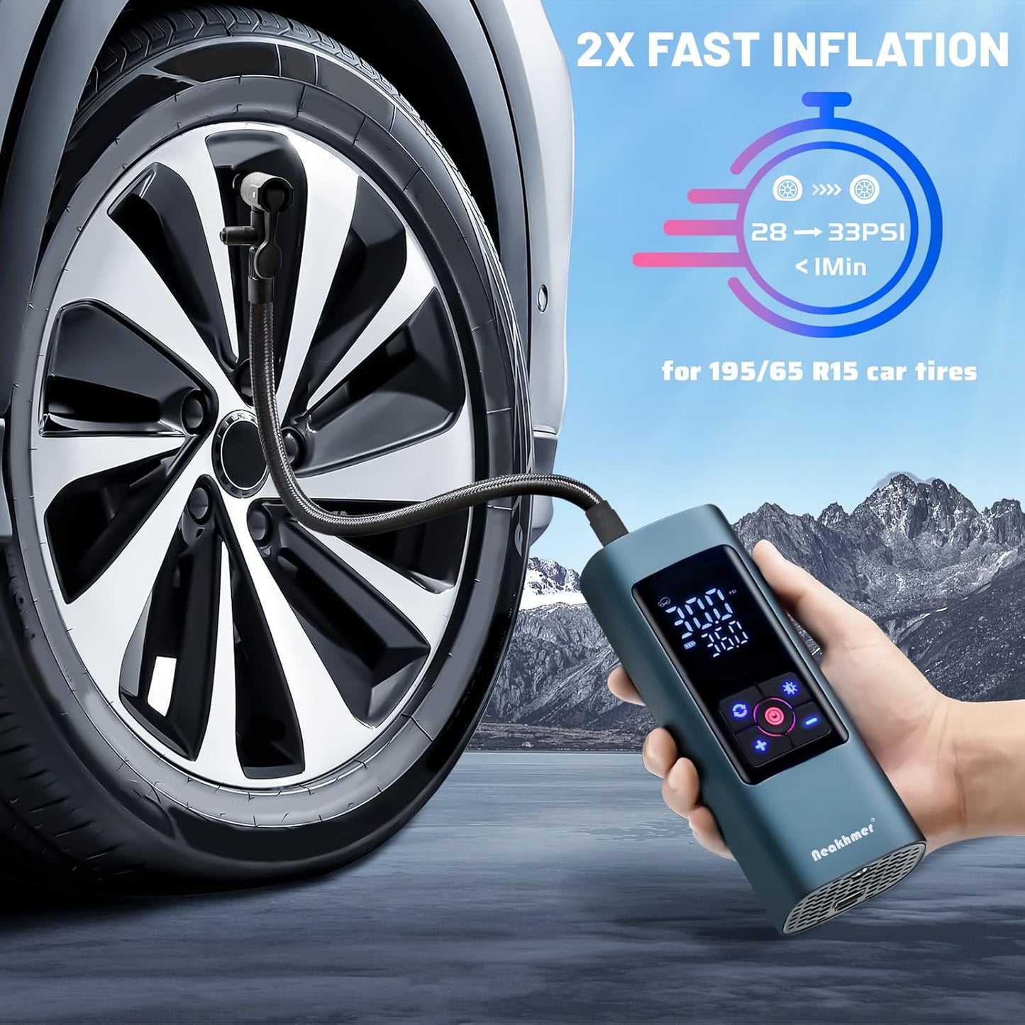 Tire Inflator Portable Air Compressor: Cordless Air Pump for Car Tires 150PSI - Tire Pump with Pressure Gauge for Car Bike Motorcycle Balls (Grey Blue)