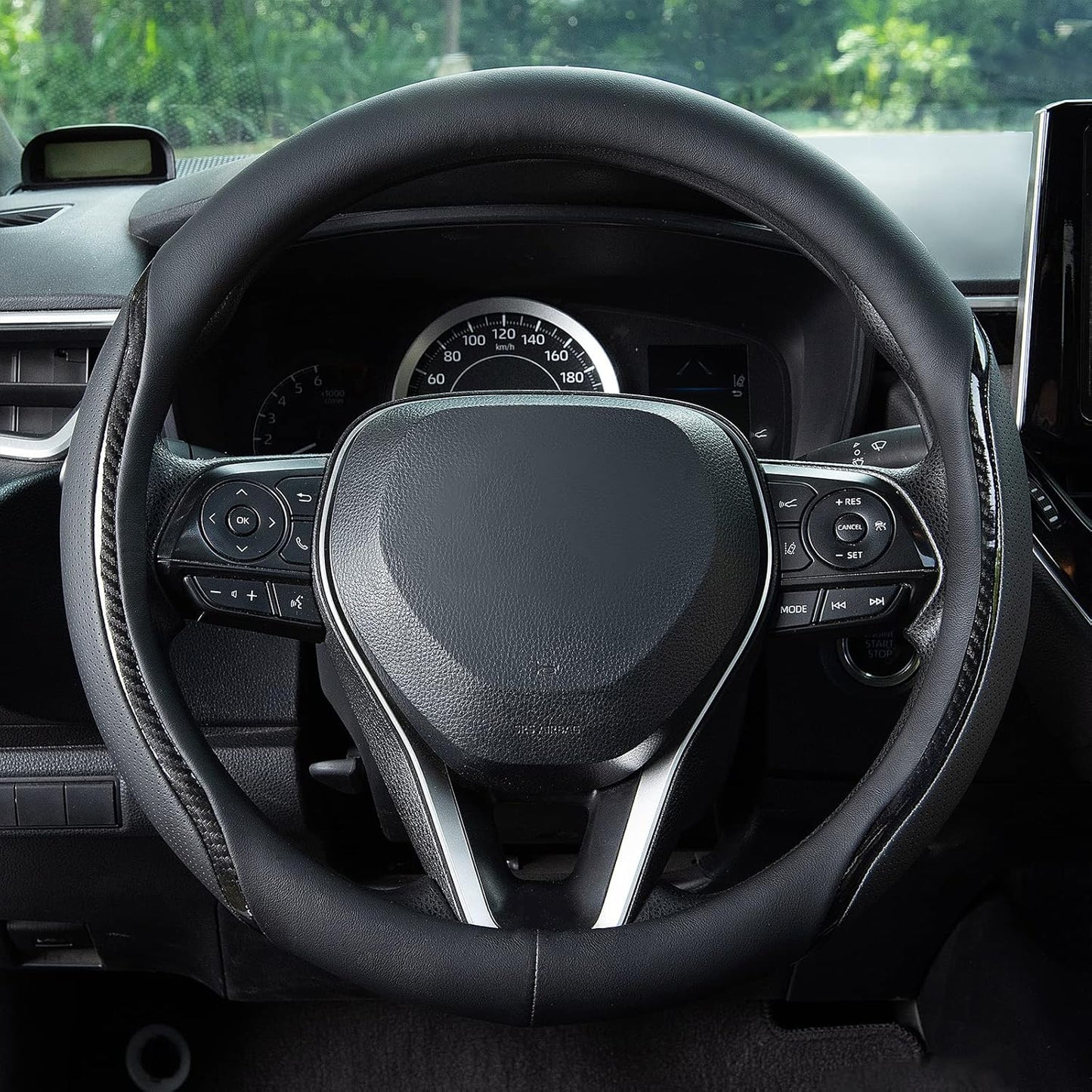 Car Steering Wheel Cover Black, 14-14.5 inch Steering Wheel Covers with Coasters Microfiber Leather Carbon Fiber Breathable Anti-Slip Durable Universal Auto Steering Wheel Protective