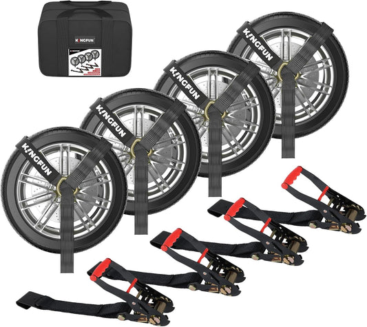 Kingfun Car Tie Down Straps for Trailers 4 Pack– Heavy Duty 2" x 120" Trailer Tire Straps with 3333 lbs Safe Working Load, Over The Wheel Strap for Car Hauler, Truck, UTV, and Utility Trailers