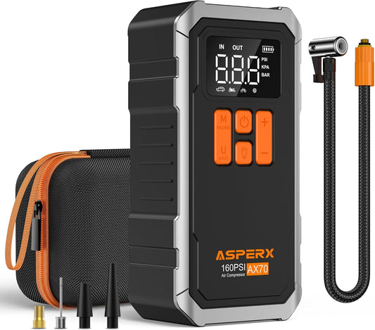 AsperX 160PSI Cordless Tire Inflator Air Compressor – Portable Rechargeable Air Pump with LCD Display, Auto Shut Off, LED Light & Carrying Case | Fast Inflation for Car Tires, Bike, Motorcycle, Balls