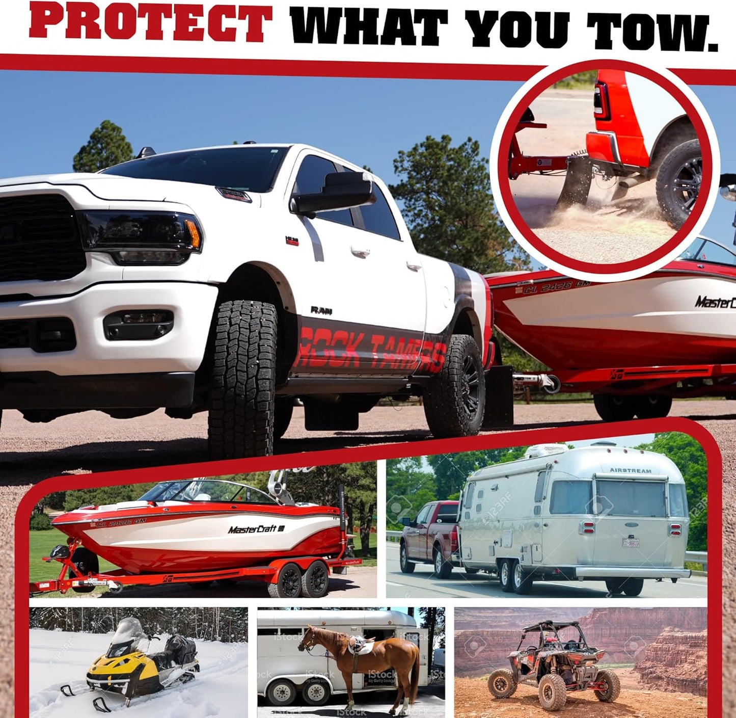 Rock Tamers 00110 - 2.5" Official Mudflap System - 2.5" Hitch Receiver - Hitch Mounted Mud Flaps to Protect What You Tow - Removeable and Adjustable-Black/Stainless Steel - 1 System