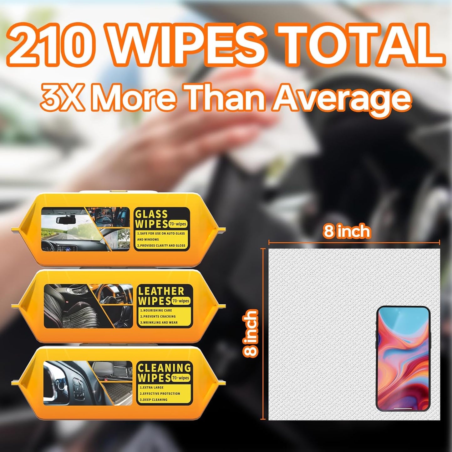Car Wipes Extra Large 8" x 8" Car Interior Cleaning Wipes Leather Wipes For Car Car Glass Wipes Cleaning Wipes Interior Cleaning For Cars Trucks Jeeps And More 70 Count Each (3 Packs)