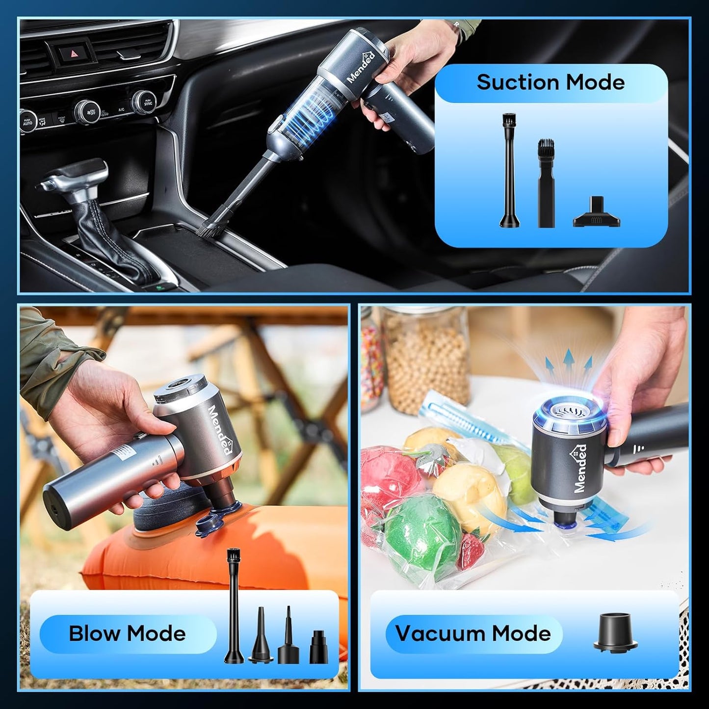 MENDED Handheld Car Vacuum Cleaner Portable Cordless,3 in 1 High Power Hand Vacuum Cordless Rechargeable with One Click Dust Removal for Car,Office and Home Cleaning 15000PA HL127 Silver
