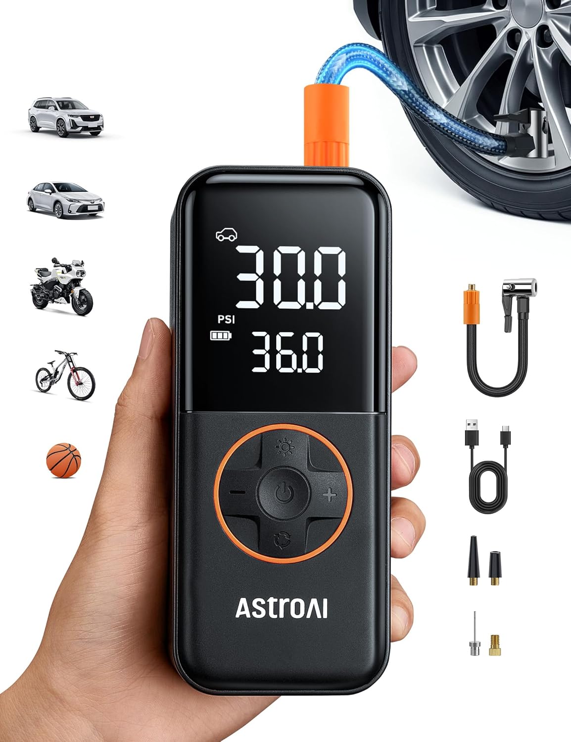 AstroAI L4 Tire Inflator Portable Air Compressor, 150PSI Portable Air Pump for Car Tires with Pressure Gauge LED Light, Electric Air Pump Quick Inflation for Cars, Motorcycles, Bikes, Tires, Balls