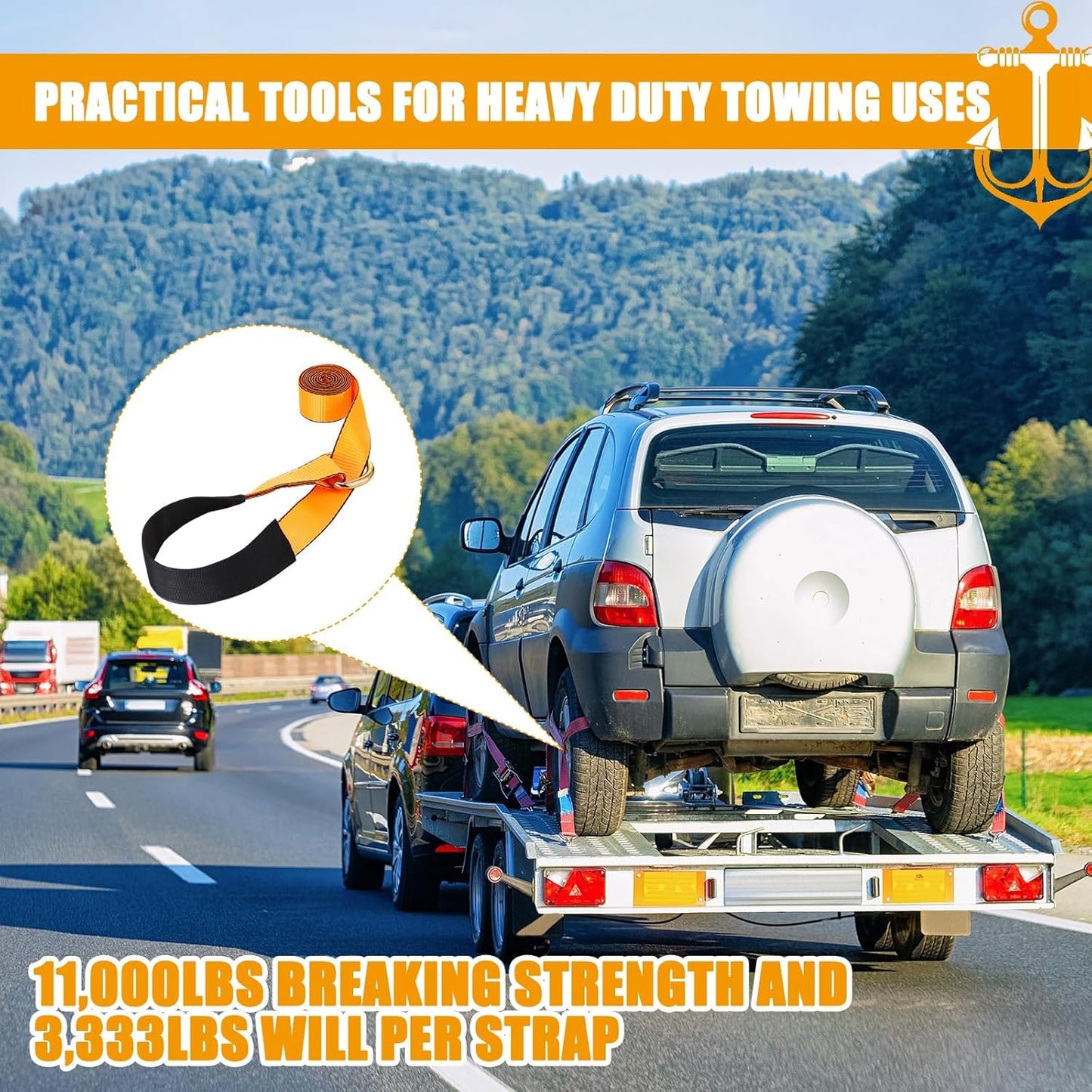 8 Pack 2'' X 8ft Tow Truck Straps Lasso Wheel Lift Straps Lasso Tow Strap with D Ring 11, 000 Lbs Break Strength Auto Tie Down Auto Hauler for Trailer Truck Tie