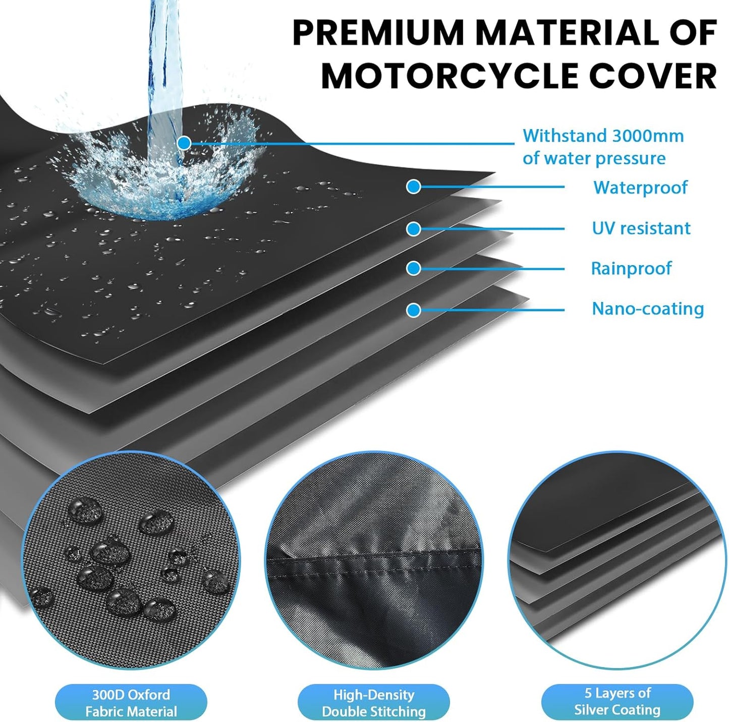 Waterproof Motorbike Cover Outdoor, Motorcycle Scooter Moped Rain Dust Protection Cover with 4 Reflective Strips and 2 Windproof Buckles, 2 Lock-Holes for Most Motorcycles (3XL: 104 x 35 x 49 inch)