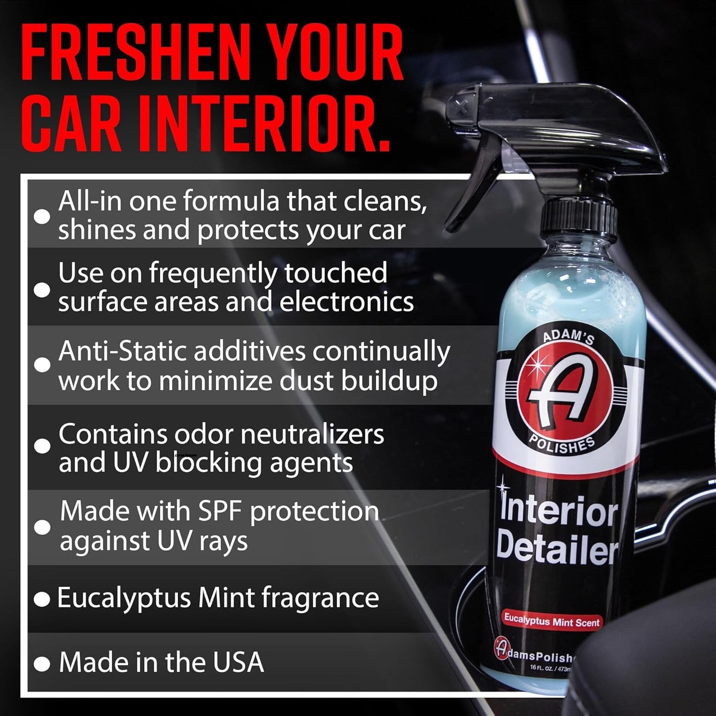 Adam's Polishes Interior Detailer 16 fl. oz - Total Car Cleaner, Protectant & Dressing | All Purpose Leather Conditioner | Vinyl, Dashboard, Screen, Seat Cleaner & More - Pack of 2