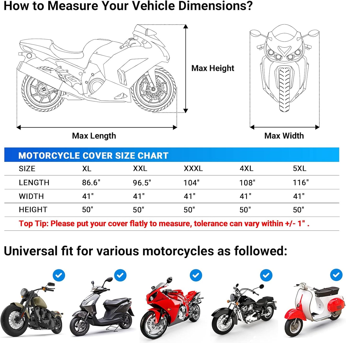 Favoto Motorcycle Cover Waterproof Outdoor - All Season Sun Protection Universal Fit Oxford Cloth with Lock-Holes Rain Snow Dust Proof Fits up to 86.6" Motorbikes Vehicle Motorbike Cover