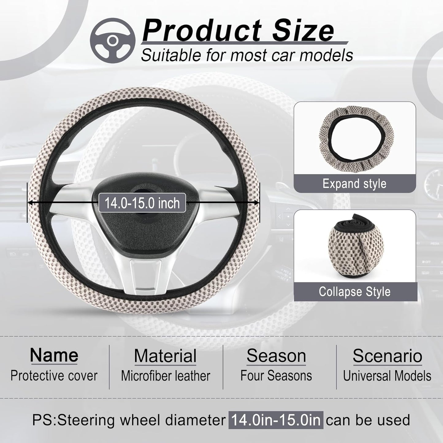 alpmosn Elastic Stretch Steering Wheel Cover, Breathable Microfiber Ice Silk, Anti-Slip, Odorless, Easy Carry, Universal Interior Accessories Steering Wheel Cover for Women & Men (Grey)