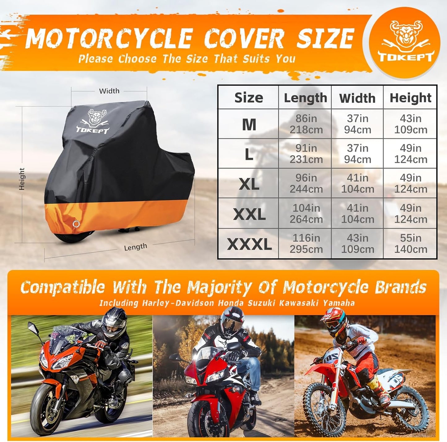 Motorcycle Cover, All-Season Waterproof Outdoor Sun Protection Fit up to 91 Inch Harley-Davidson Honda Suzuki Kawasaki Yamaha (L Black&Orange)
