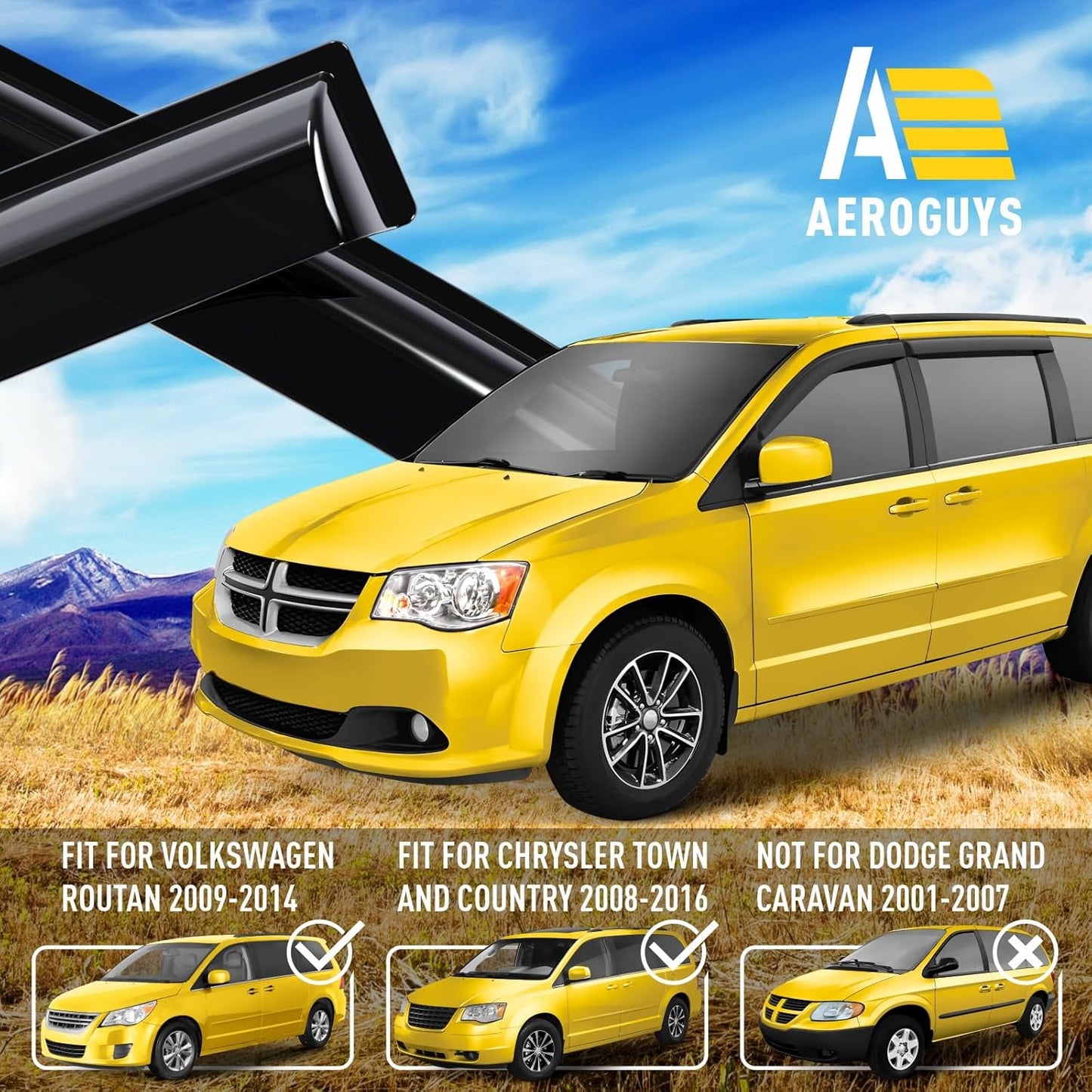 Extra Durable Window Deflectors Tape-On Window Visors Rain Guards Fit for Dodge Grand Caravan 2008-2020, Sun Visors, Wind Vent for Shades, Exterior Car Accessories - 4pcs. AG0027
