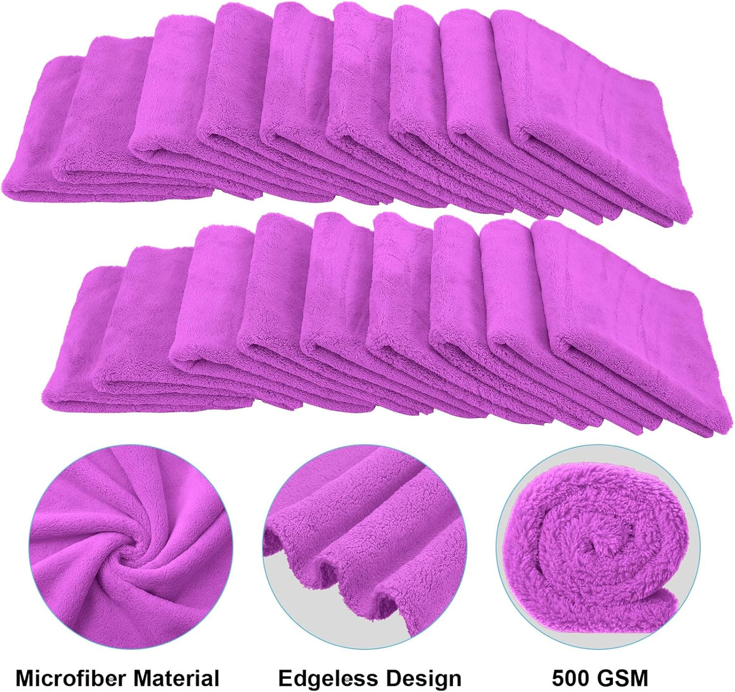 Shimeyao 30 Pcs Edgeless Microfiber Plush Towels for Cars Detailing Drying Wash Polishing Absorbent Cleaning Cloths, 500 GSM, 16 x 16 Inch(Purple)