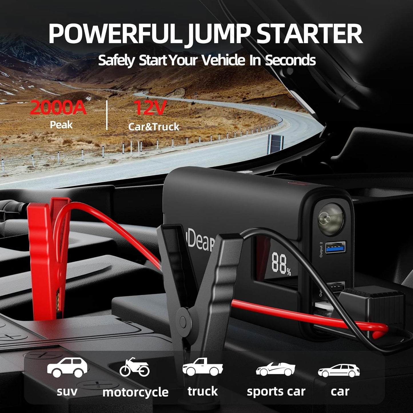 IDEAPLAY J10 Jump Starter, 2000A 12V Car Battery Jump Starter Portable for Up to 8.0L Gas and 7.0L Diesel Engine, Jump Box with Jumper Cables, Type C Fast Charging Battery Jumper with LED Flashlight