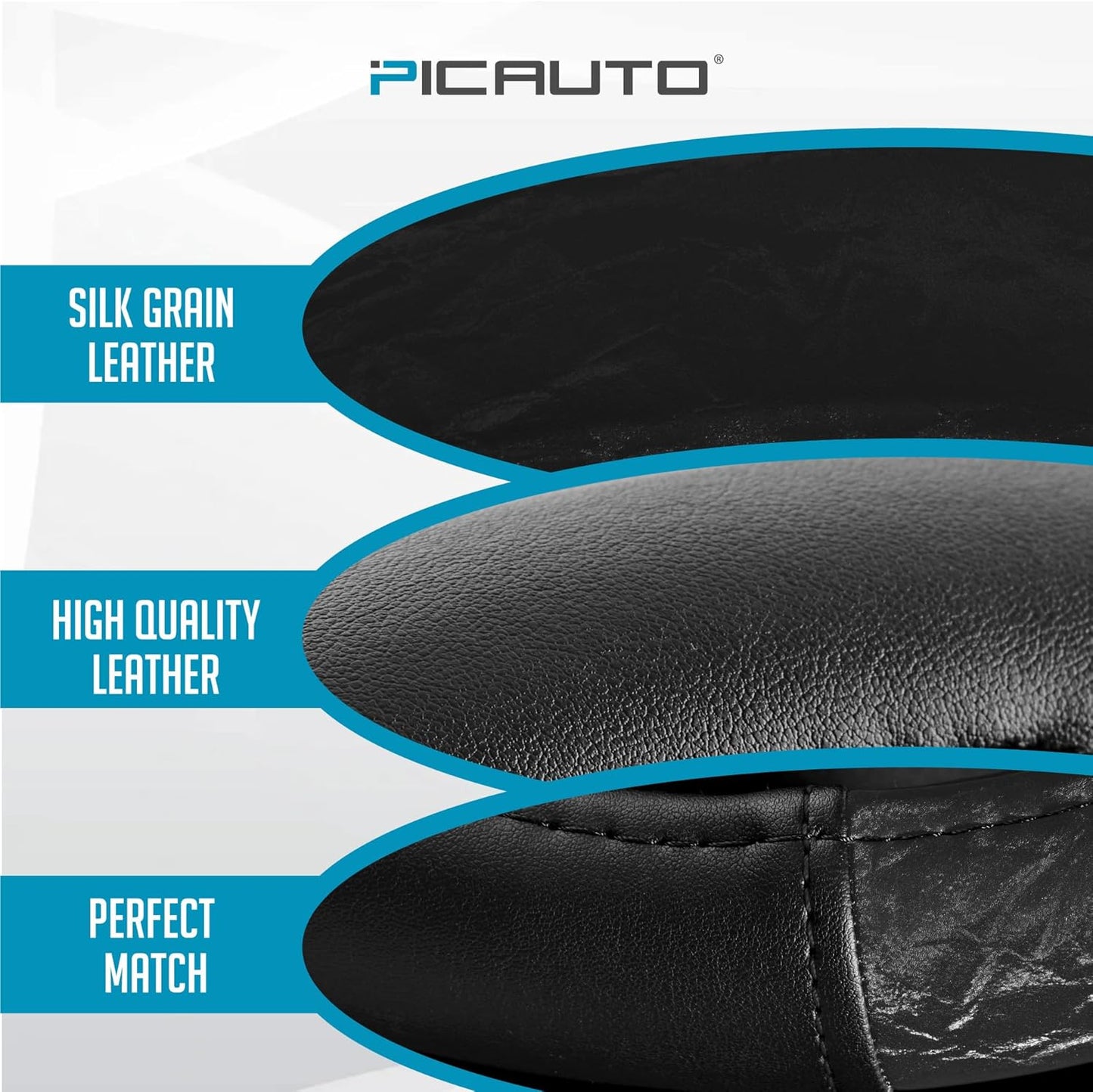 PIC AUTO Steering Wheel Cover, Silk Grain Leather Car Steering Wheel Protector, Comfortable Grip, Universal 14.5-15.5 Inch Anti-Slip Steering Wheels Accessories for Men & Women (Black)