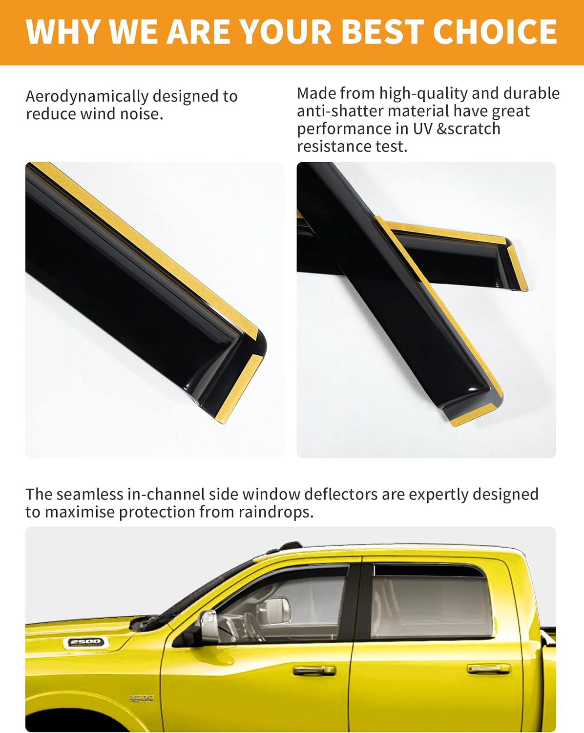 in-Channel Window Rain Guards Fit for Truck Dodge RAM 2500 3500 2019 2020 2021 2022 2023 2024 2025 Crew Cab Extra Durable Window Deflectors Vent Visors Shades Exterior Car Accessories