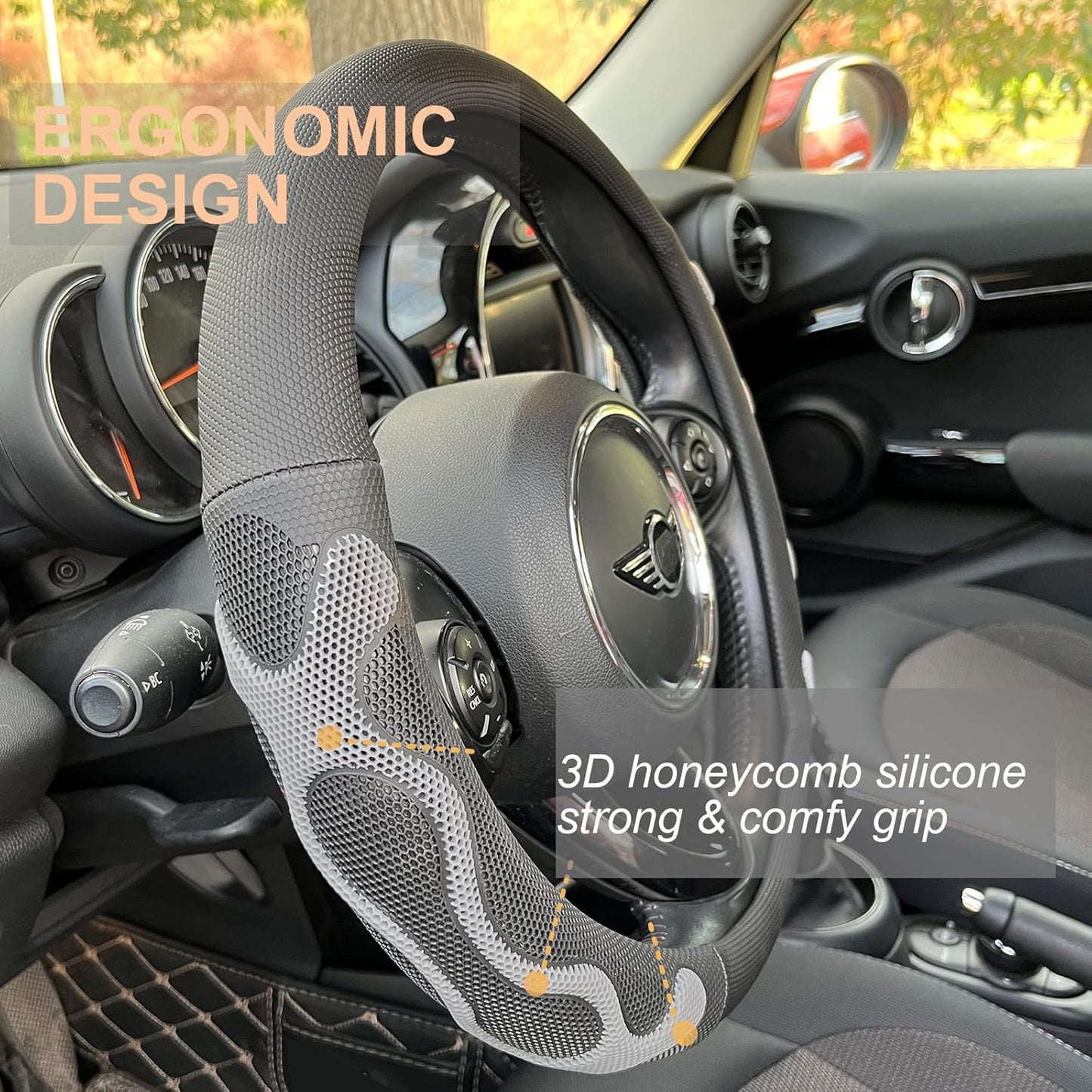 PINCTROT Comfy Grip Steering Wheel Cover, Anti-Slip Design, Universal 14.5-15 Inch(Silicone Gray)