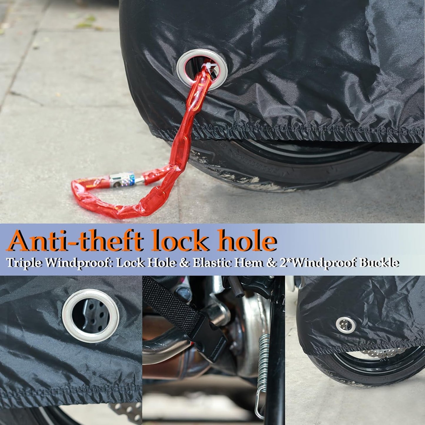 Motorcycle Cover, 210D Oxford Cloth, with Reflective Stripes, Waterproof Outdoor Protection, All-Weather Universal car Cover, with Lock Holes and Storage Bag. (All Black, 104")