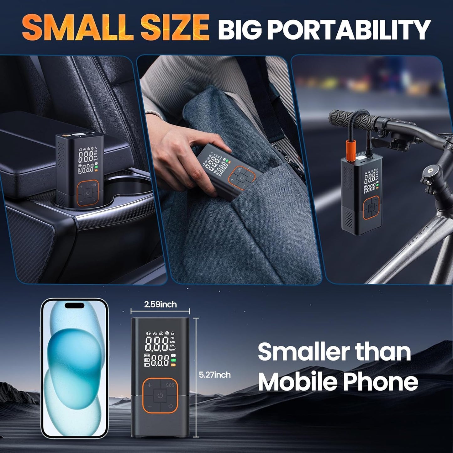 Tire Inflator Portable Air Compressor, 150PSI Bike Pump with Tire Pressure Gauge, LED Lights & Car Accessories, Cordless Air Pump for Car Tires, Bike, Motorcycle, Ball(Tangerine)