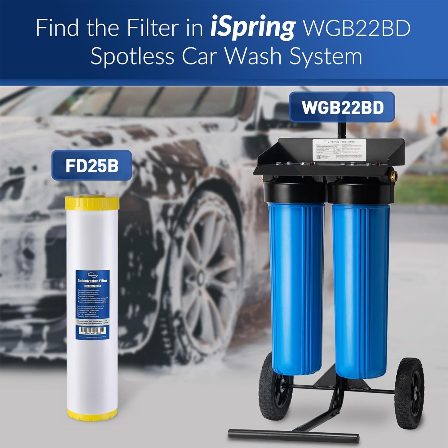 iSpring FD25B Deionized Water Filter for Spotless Car Wash System, Fits WGB22BD Deionized Water System for Car Wash, 4.5” x 20”
