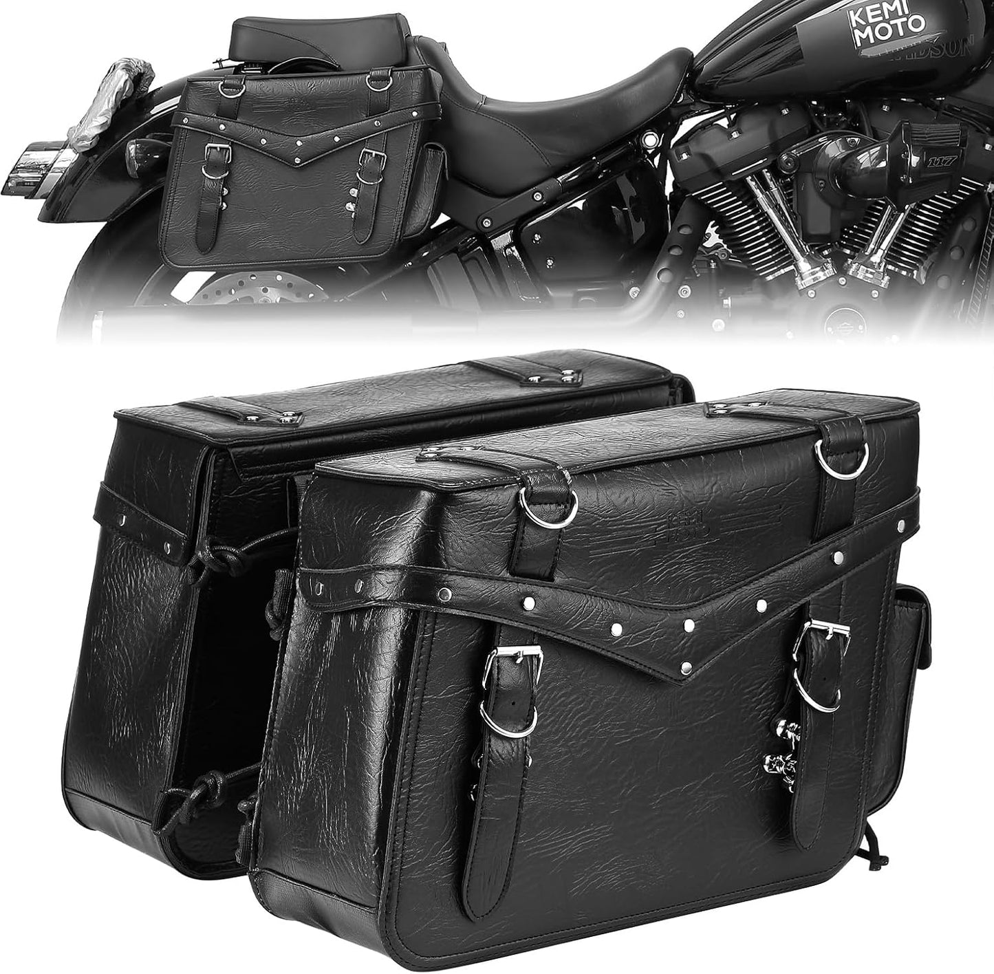 KEMIMOTO Motorcycle Saddlebags Heavy Duty 30L PU Leather Luggage Throw Over Saddle Bags Large Capacity Compatible with Sportster Softail Dyna Road King V-star Shadow