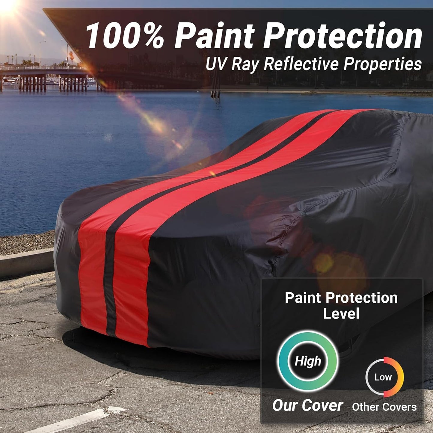 iCarCover Custom Car Cover for Pontiac Tempest 4-Door (1968-1970) Waterproof All-Weather Rain Snow UV Sun Protector Full Exterior Indoor Outdoor Car Cover (Stripe - Black/Red)