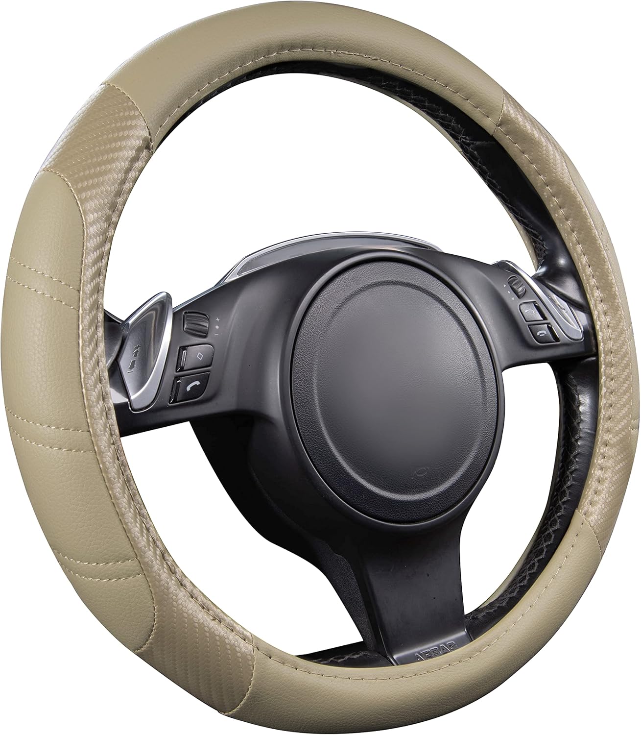 CAR PASS Line Rider Microfiber Leather Sporty Steering Wheel Cover Universal Fits for 95% Truck,SUV,Cars, Anti-Slip Safety Comfortable Desgin (Beige-Carbon Fiber)