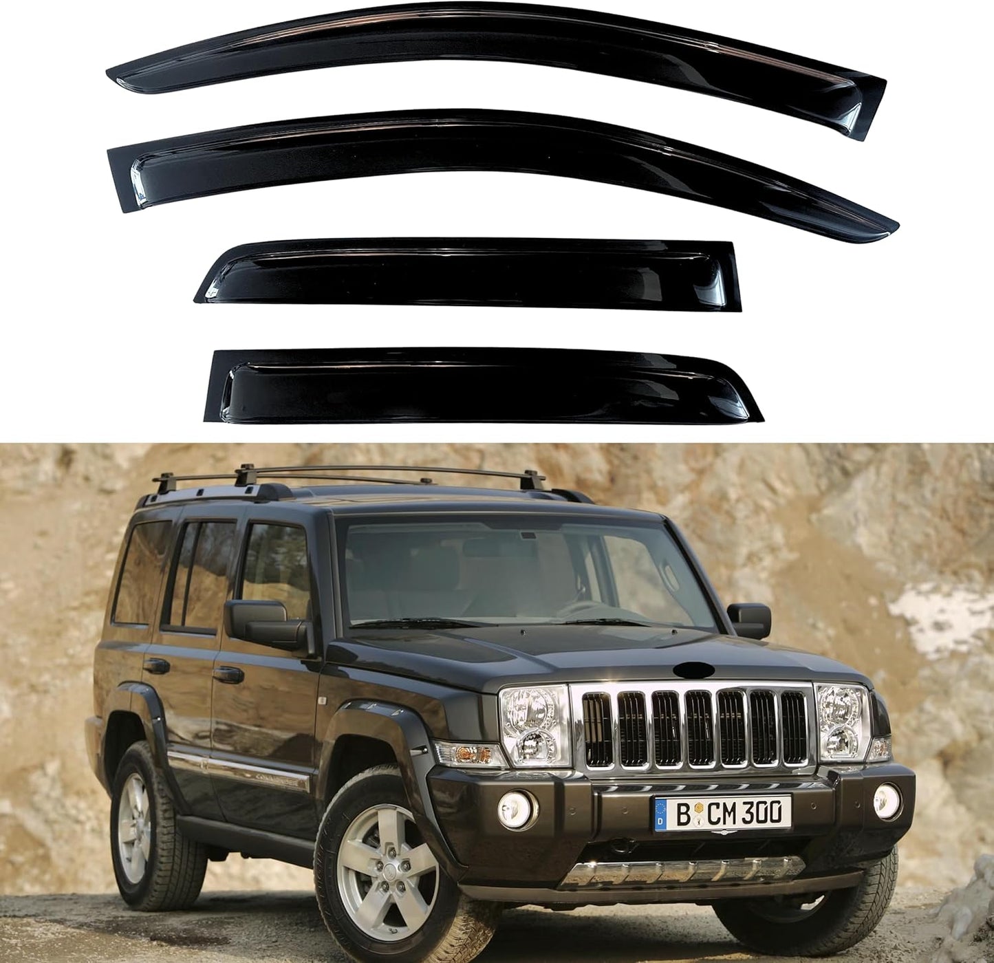 KPY Window Visors Compatible with Jeep Commander 2006-2010, 4PC Rain Guard Side Vent Deflectors Tape-On Style, 2006 2007 2008 2009 2010