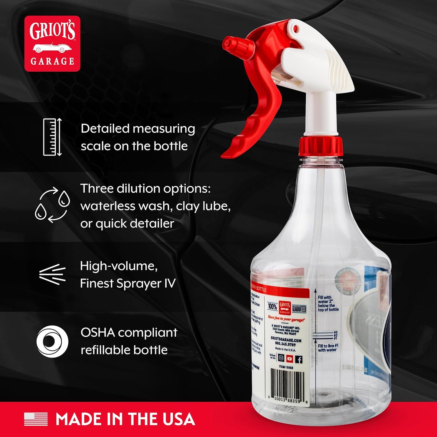 Griot's Garage Rinseless Wash Secondary Bottle with Sprayer, Durable, OSHA-Compliant, Features a Built-In Measuring Scale, 10489