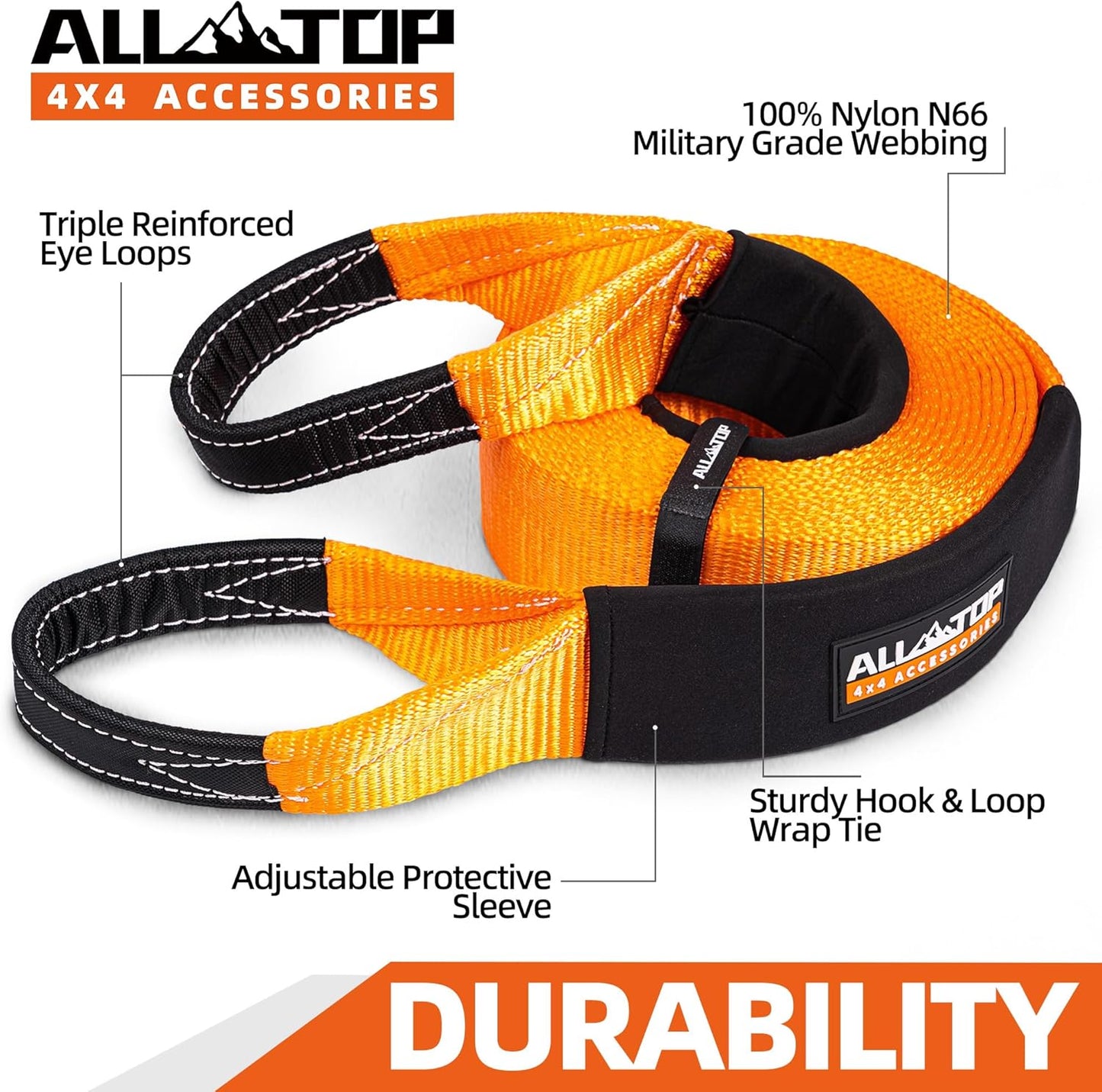 ALL-TOP Recovery Snatch Strap, 4in x 20ft - 46500Lbs, Extreme Duty 100% Nylon Kinetic Towing Recovery Strap with 22% Elongation & Reinforced Loops