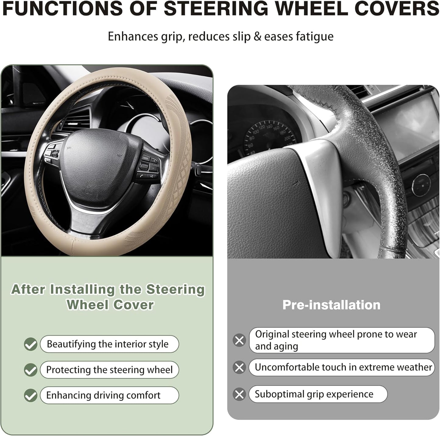 【2025 Model】 Breathable Soft Leather Car Steering Wheel Cover for Men Women, Non-Slip, Comfortable,Universal 15 inches Steering Wheels, Beige