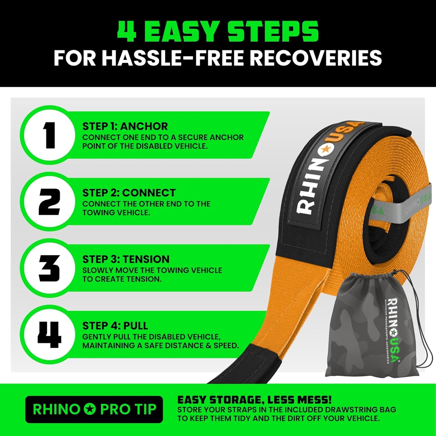Rhino USA Recovery Tow Strap (2"x20')-20,024lb Break Strength- Emergency Recovery Strap Tow Rope for UTV, ATV & More-Heavy Duty Towing Strap for Offroad 4x4 Use-Compatible with RZR and Can-Am (Orange)