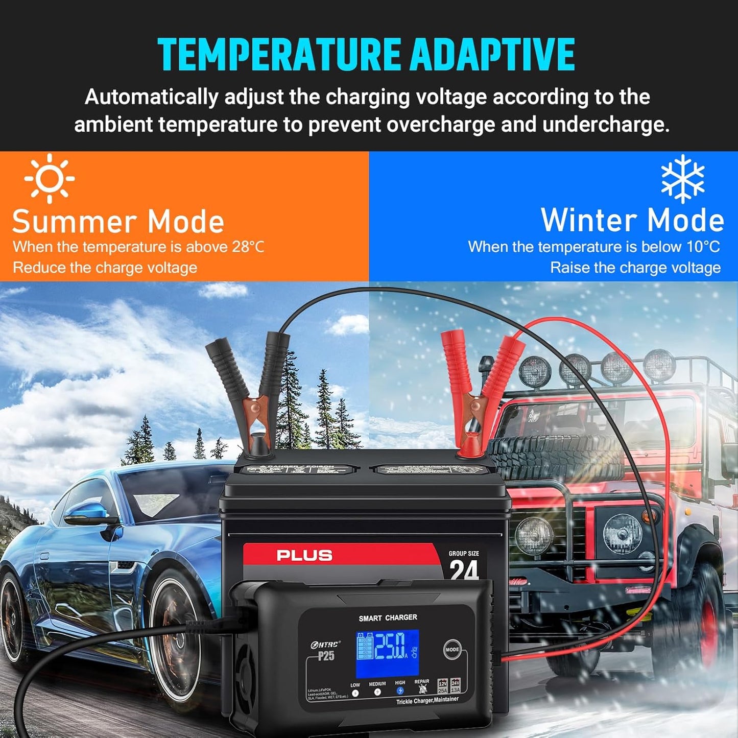 25Amp Lithium Battery Charger, 12V and 24V Lead-Acid (AGM/Gel/SLA) Battery Charger, Battery Maintainer Pulse Repair Charger Trickle Charger Battery Desulfator for Boat, Motorcycle, Golf cart